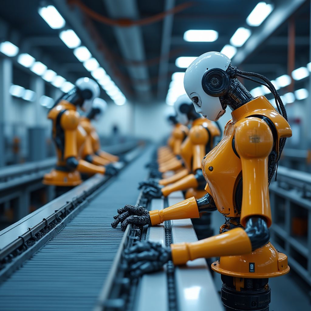 Modern fabrikada çalışan endüstriyel robotlar