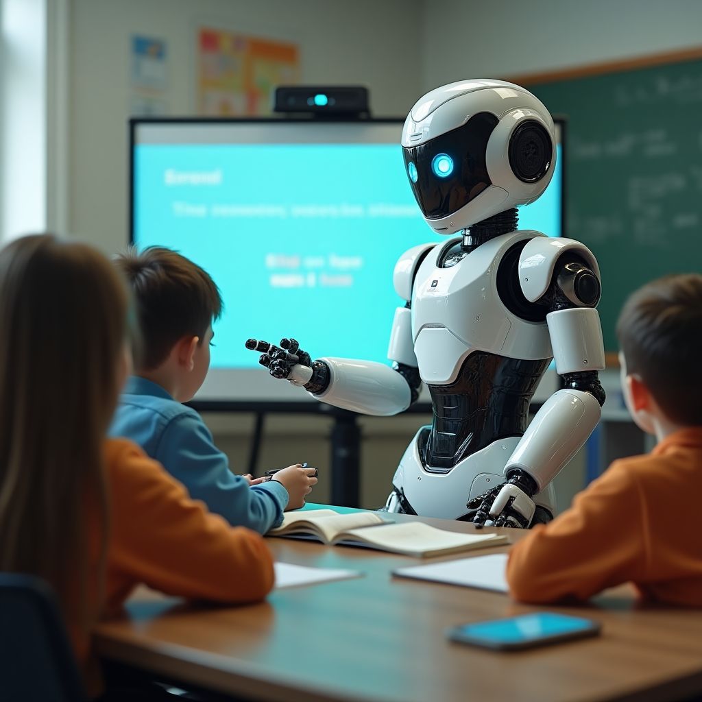 Sınıfta öğrencilere ders anlatan eğitim robotu